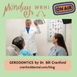 Dentist Bill Cranford talking to elderly patient with hygienist Betsy Oliver
